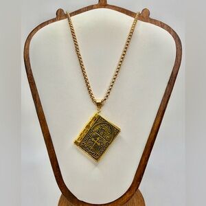 Holy Bible Pendant Necklace Gold Tone Religious Flip Book Charm